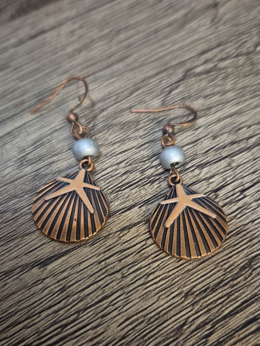 Copper Shell and Silver Bead Drop Earrings